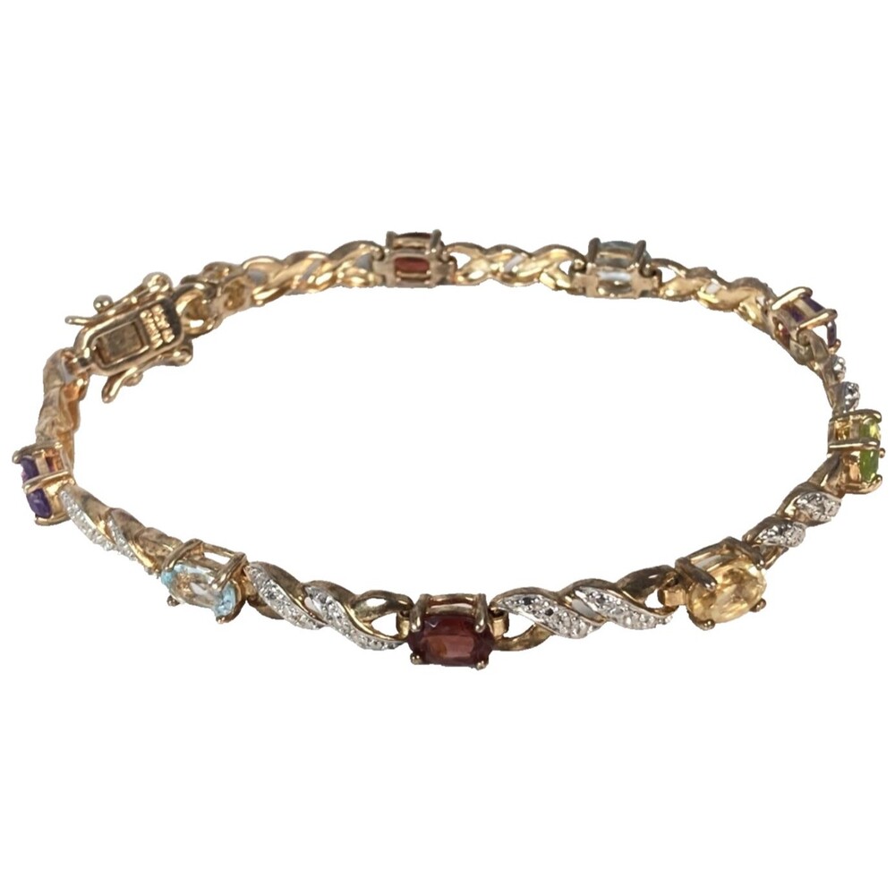 Vintage 925 Sterling Silver Bracelet Amethyst Topaz Garnet Citrine Peridot 7.5"
